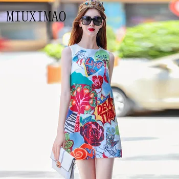 

2018 Summer Newest Fashion A-Line O-Neck Sleeveless Tank Diamonds Sequined Beading Print Elegant Above Knee Dress Women
