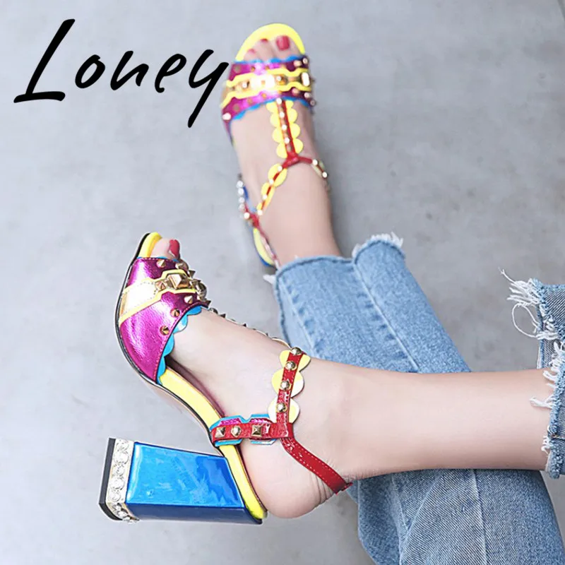 

Loney New Genuine Leather Metal Studded Summer Sandals Open Toe Buckle Strap Thick Heel Sandals Shoes Women