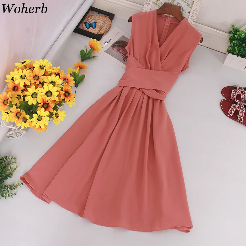 

Woherb Ladies Mid-long Dress Women Casual Tank Robe Summer Elegant Party Dresses Bandage Slim Waist Vestidos De Fiesta 22615