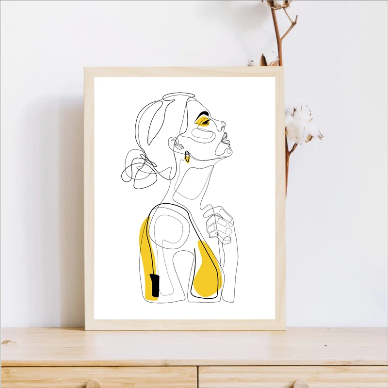 Абстрактная линия принты нарисованный женский портретный плакат желтый мода Эскиз Холст Живопись минималистическая женщина Искусство Декор Настенная картина