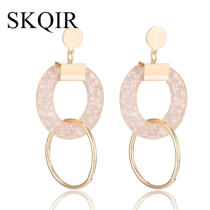

SKQIR Gold Circle Drop Earrings For Women Unique Big Long Exaggeration Wire Mesh Net Crystal Dangle Earing Fashion Jewelry 2018