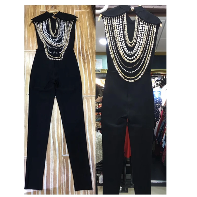 Moulante Combinaisons Longue Élégant Nu Mode Nouveau Bandage Manches Celebrity Noir 2018 Sans Salopette Arrivent Party Dos Sexy Perles g7wgTOq