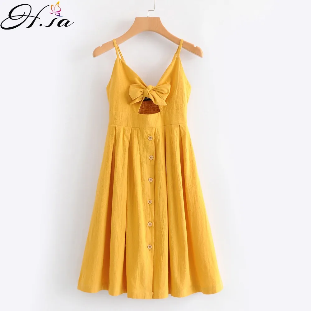 

H.SA 2019 New summer Dress women Sexy Strap Dresses V neck Bow Backless beach Boho Midi party dresses vestido Yellow Dress