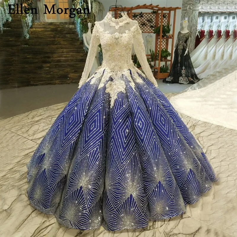 

Royal Blue Glitter Wedding Dresses for Women High Neck Long Sleeves Lace Beaded Backless Puffy Bridal Gowns Vestido De Noiva