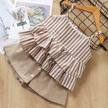 Обувь для девочек летнее платье с рисунком в виде водной ряби; полосатая детская одежда юбка на отстёгивающихся бретелях+ юбка Штаны 2 предмета в комплекте, детская одежда