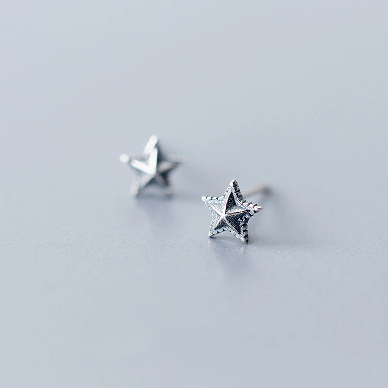

MloveAcc Solid 925 Sterling Silver Vintage Three-dimensional Star Stud Earrings Retro Women Men Star Earrings