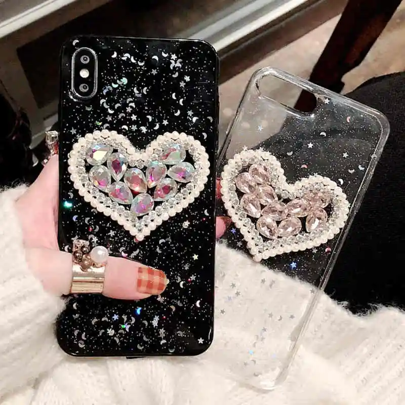 

Crystal Rhinestone Heart Phone Case for iPhone XS Max XR X Fashion Designer For iphone 7 8 6s 6 + Bling Star Silicone Soft Case