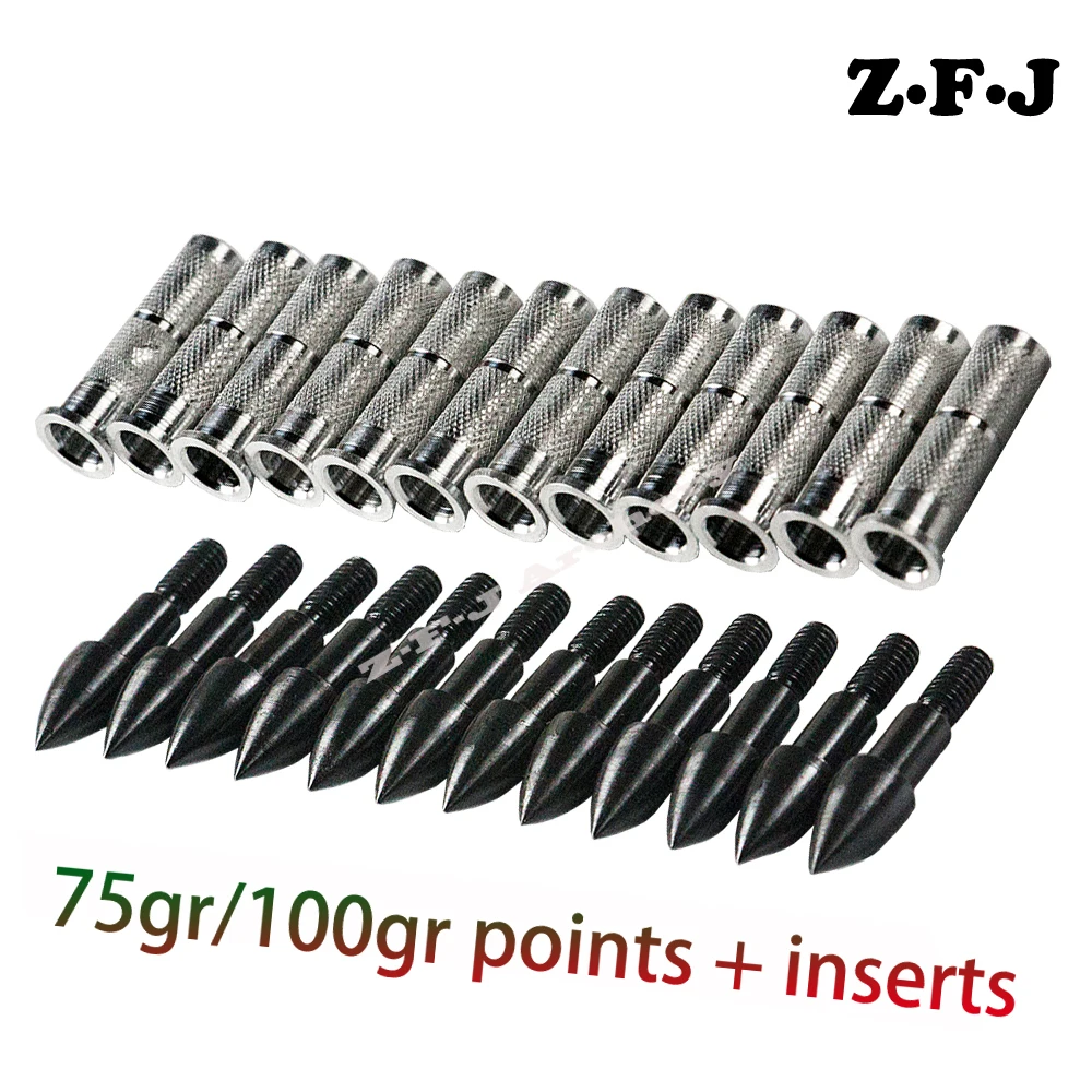 

12Pcs Arrow Insert For ID6.2mm OD7.6mm Shaft + 12Pcs 75 Grain 100 Grain Black Bullet Arrow Head Hunting Archery Accessory