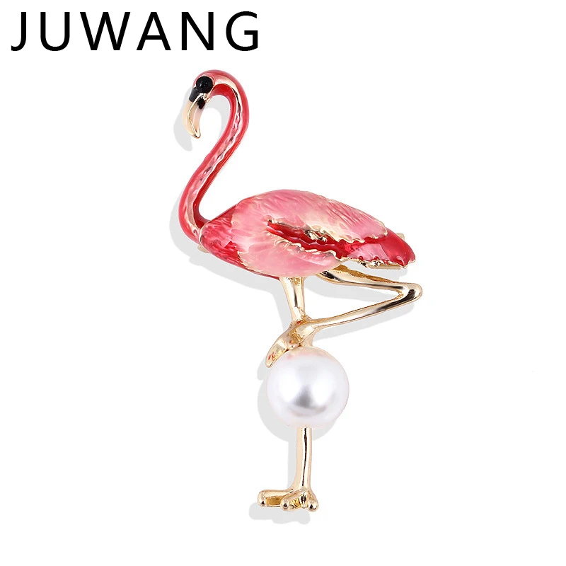 

New Design Alloy Red Blue Enamel Flamingo Bird Brooch pins pearl Women Men Metal Anima brooch Banquet party jewelry mono mujer