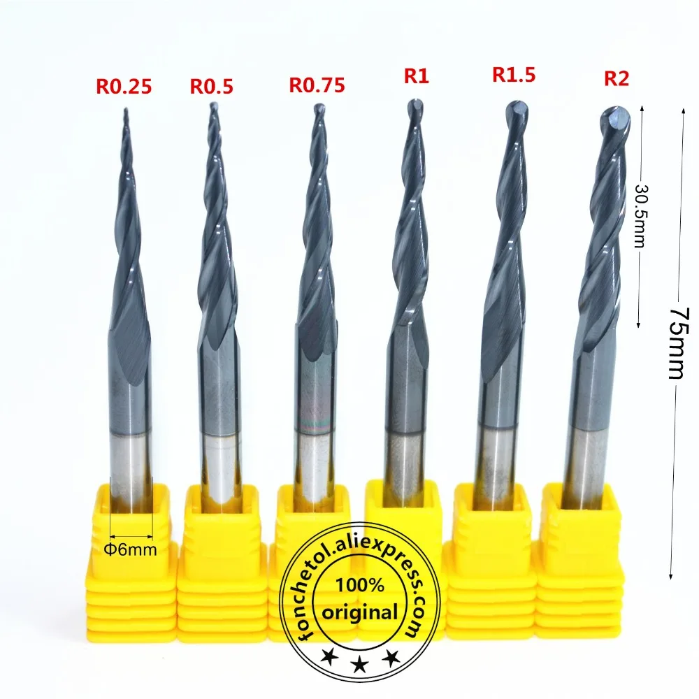 R0.25& R0.5& 0,75& 1,0 R1.5& R2-1PCS для станка с ЧПУ из карбида вольфрама с 2 каннелюра с коническим отверстием производства со сферическим фреза, Деревообработка сферические гравировальное лезвие