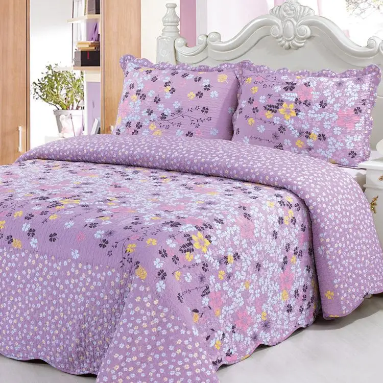 3Pcs 100%Cotton Soft Pink Violet Flowers Bedspread Queen Size, All Season Bedspread with Colorful Plaid Pillow shams Queen size - Цвет: Color 1