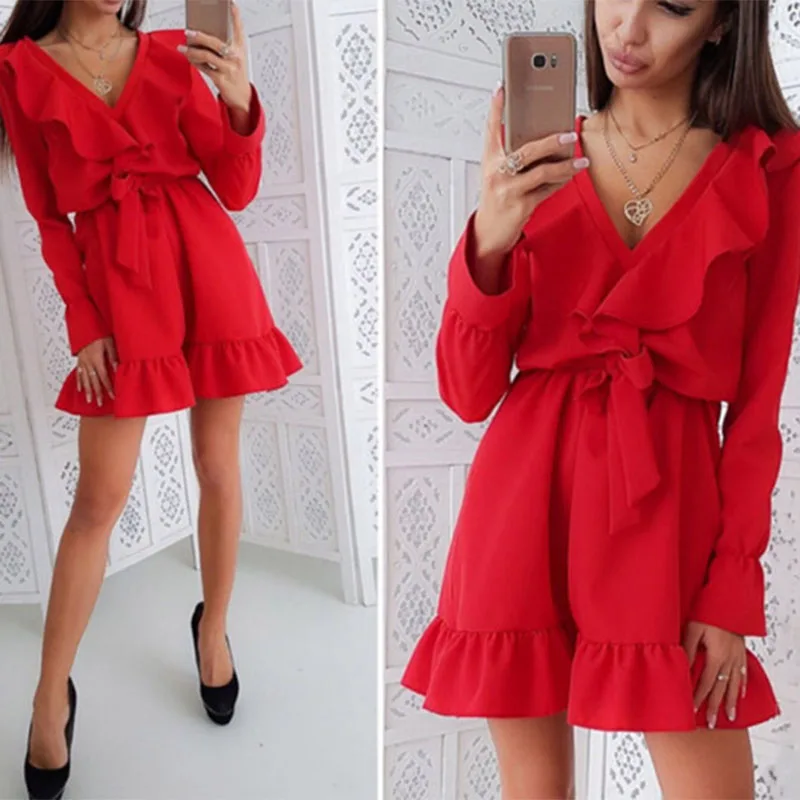 

Zebery Boho Dress Belt Lace-up Ruffle Fashion Dress Woman Sexy V-neck Long Sleeve Spring Autumn Summer Beach Mini Dress
