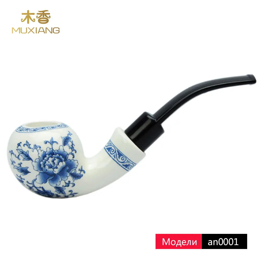 

RU-MUXIANG Handmade Ceramic Pipe Bending Type Blue and White Porcelain Smoking Pipe Double Insulation Clay Tobacco Pipe an0001