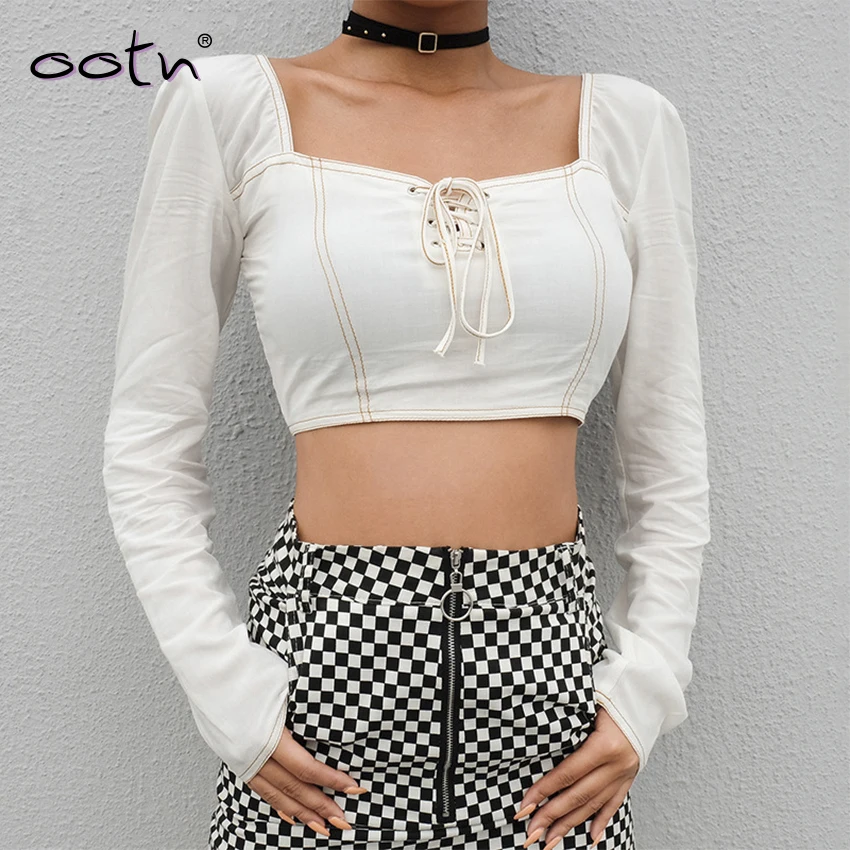 

OOTN White Slim Lace Up Tops Square Collar Women Blouse Shirt Long Sleeve Crop Top Elastic Ruched Backless Sexy Blouses Summer