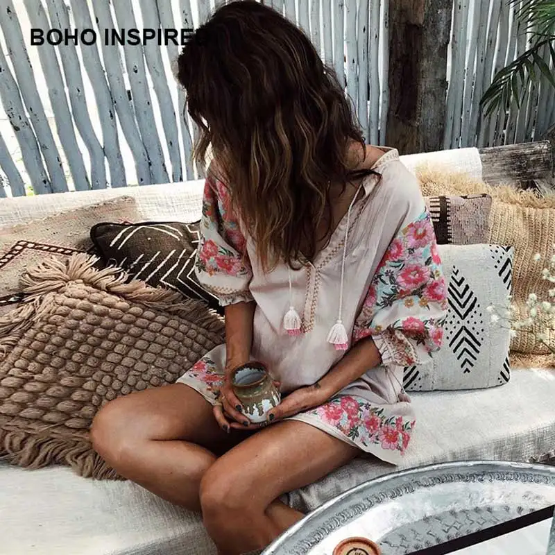 

endless summer dress 2018 floral embroidery V-neck tassel puff sleeves boho dress ukraine chic dress women vestidos robe femme