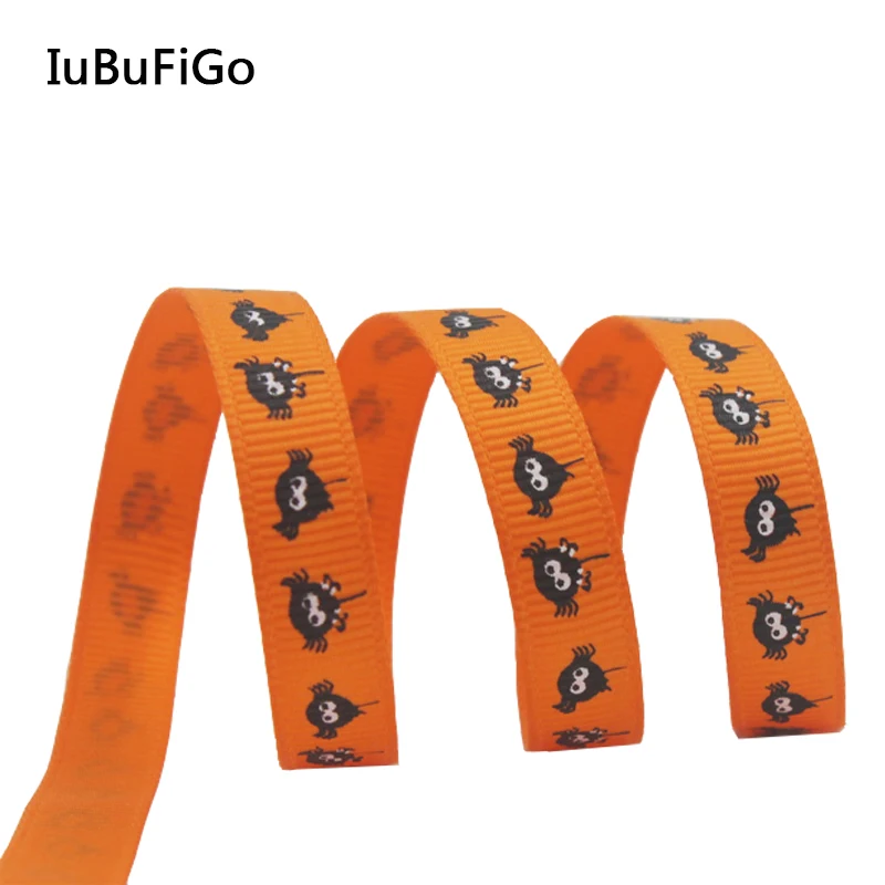 

[IuBuFigo] Halloween 10yd 3/8" Grosgrain printed ribbon Hair bows DIY handmade 9mm Orange ribbons X-1720