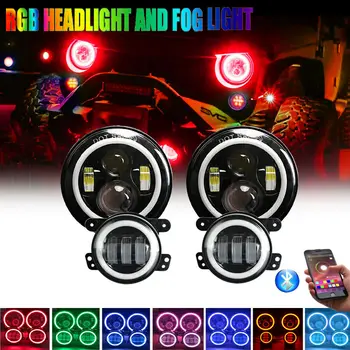 

7" Inch RGB LED Halo Headlights And Fog Lights Bluetooth APP For Jeep Wrangler JK