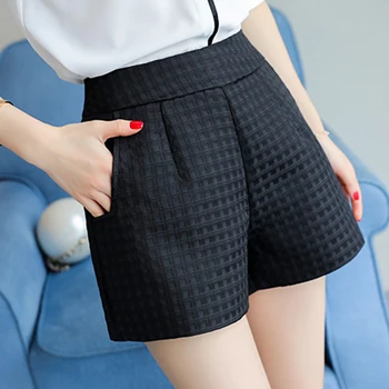 

Women Wide Leg Solid Short Pants Plaid Loose High Waist A-Line Shorts Casual Female Pocket Zipper Straight Crochet Super Shorts