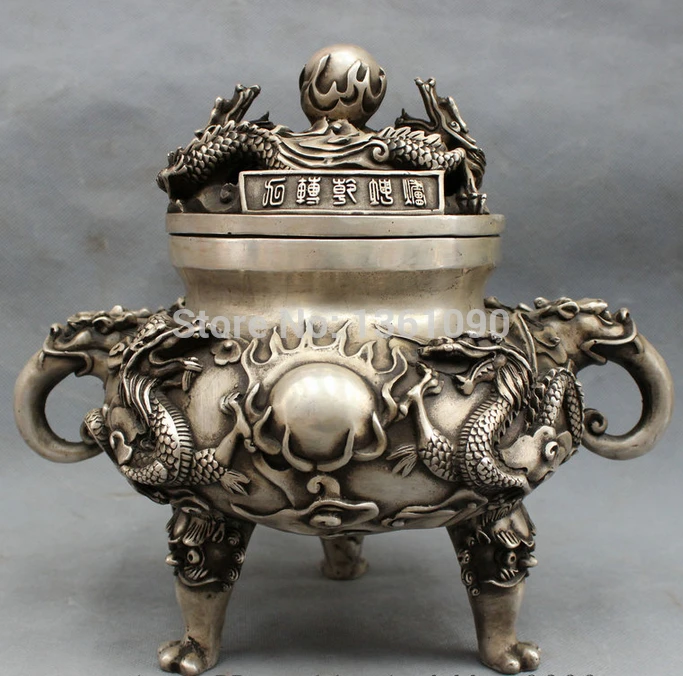 

xd 00850 10" Tibet Silver Buddhism Dragon Ball Lion Head Statue Incense Burner Censer