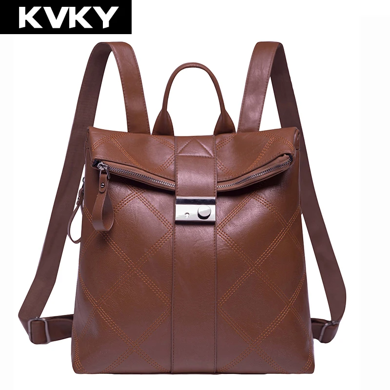 

KVKY New Women Backpack Vintage Embroidery Soft PU Leather Student School Bag for Teenagers Girls Casual Female Rucksack Mochila