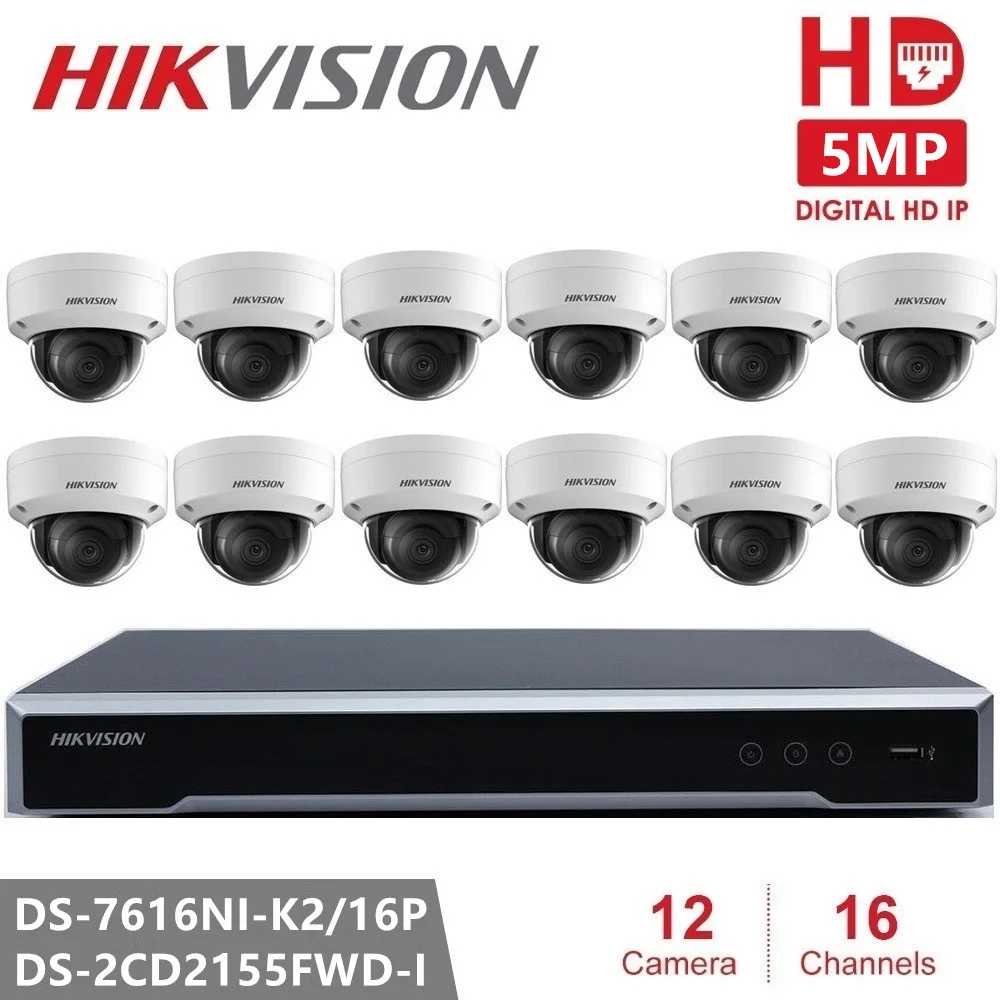 Hikvision CCTV System 5MP Camera 16 Channel PoE NVR &amp 12PCS IP Cameras Dome Outdoor HD Video Surveillance Kit | Безопасность и