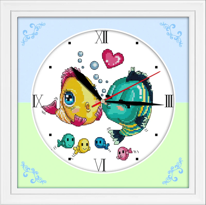 Kissing fishes clock cross stitch kit 14ct 11ct canvas wall clock stitches embroidery DIY