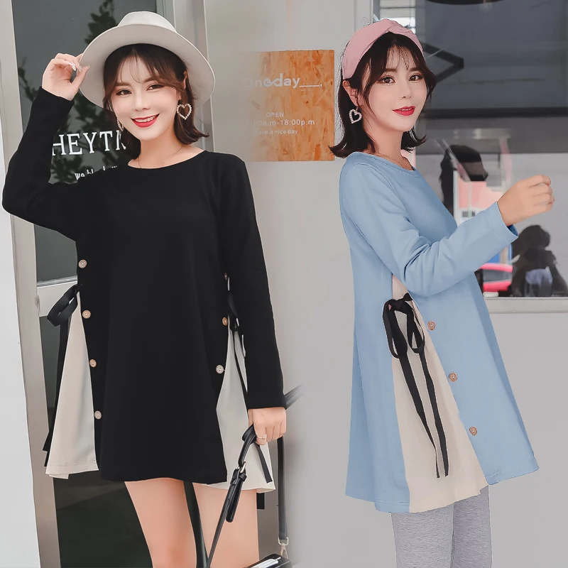 

new spring Plus Size Pregnancy Dress Korean Hit Color splice Side strap Long Sleeve Maternity Dresses Casual Pregnancy Clothes