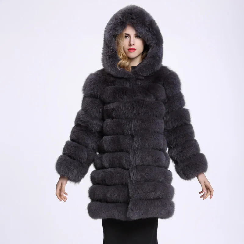 Taille ardoisé En Hiver Chaud Fausse Manteaux À Blanc Veste Long Manches Mode D'hiver Épaissir noir Manteau Fourrure Longues Plus Pardessus La Femmes Capuchon Renard De fSxqwdwt7