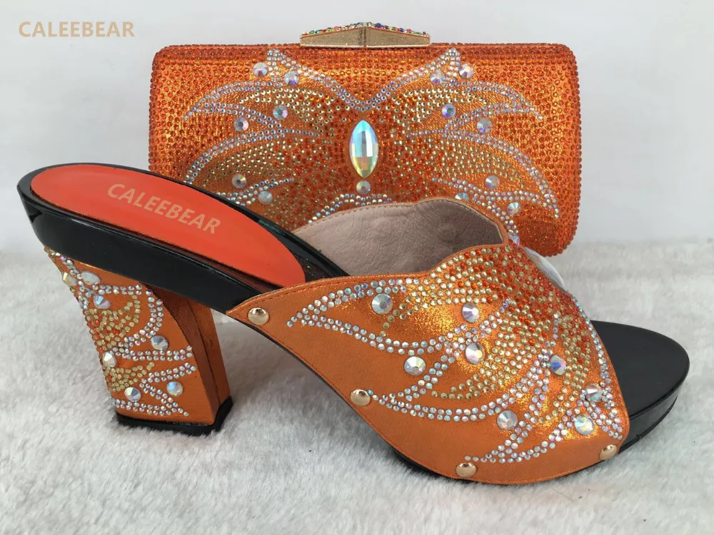 Orange Rhinestones Italian Shoes With Matching Bag Set Women Shoes