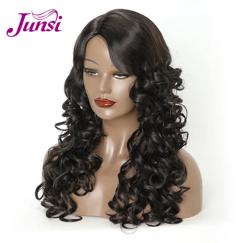 JUNSI длинные черные Искусственные парики для женщин Bouncy Curly Naturaly черный цвет женский термостойкий парик