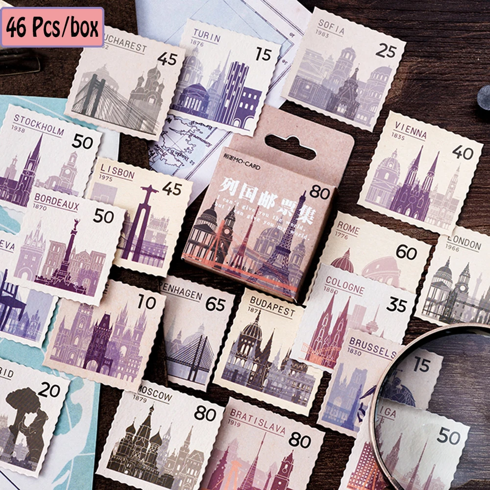 

46 Pcs/box All countries Stamps Set Adhesive Stickers Decoration 44*44*11 mm Album Diary Label Stationery School Supplies