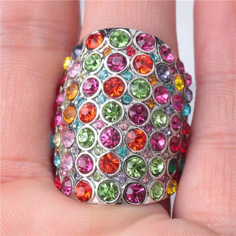 YWOSPX роскошные разноцветные циркониевые Анель серебряные большие кольца для женщин ювелирные изделия Свадебные Anillos обручение массивные кольца подарок