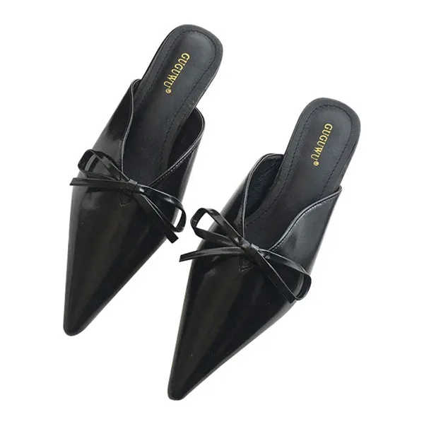 Thin Heels Flat Slippers Gold Sandals Med Slides Pointed Toe Butterfly-knot Women's Shoes Silver Sliders Summer PU Rubber - Цвет: 3