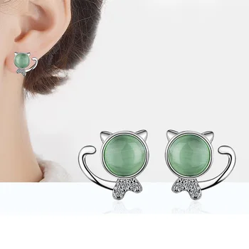

Trendy Green Cat Eyes Stone Animal Cat Stud Earrings for Girl Party Gift Simple CZ Zircon Women Earring Silver Jewelry