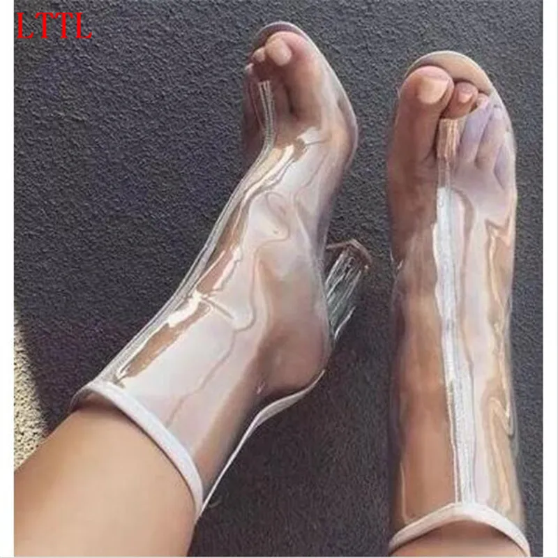 LTTL Luxury Designer Clear Plastic Women Summer Ankle Sandals Boots PVC Short Zipper Chunky Heels Clear Transparent Shoes Women