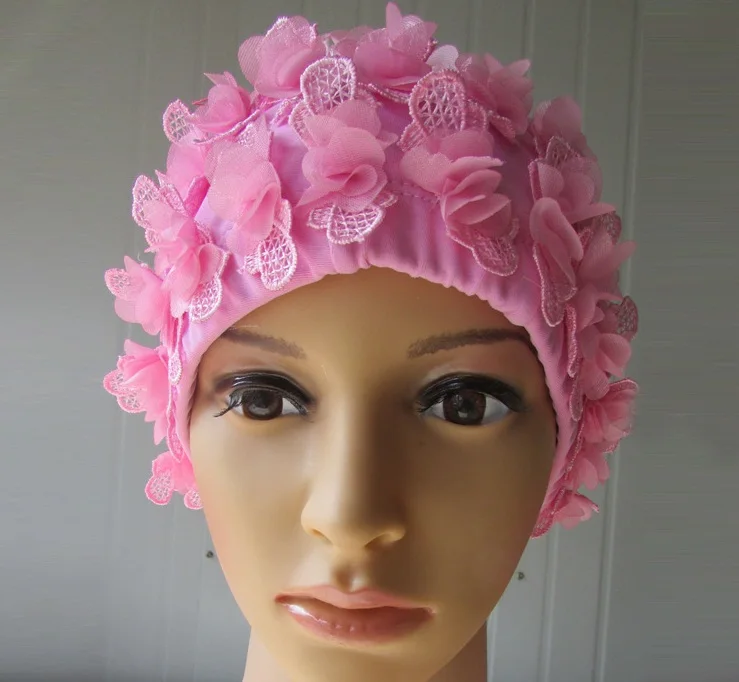 2017 Flowers Design pink Swimming Cap Protect Ears Hair Bathing Hat
