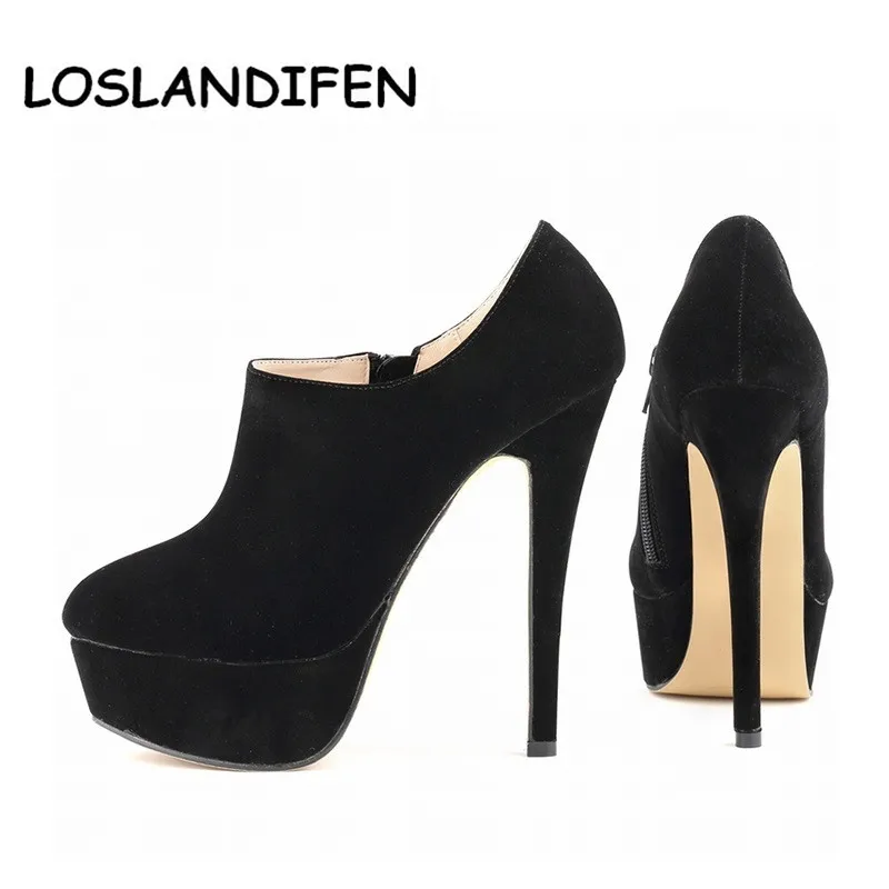 

LOSLANDIFEN Flock Ultra High Heels Platform Pumps Black Sexy Stiletto Shoes Pointed Toe Red Bottom Women's Shoes Boots 817-3