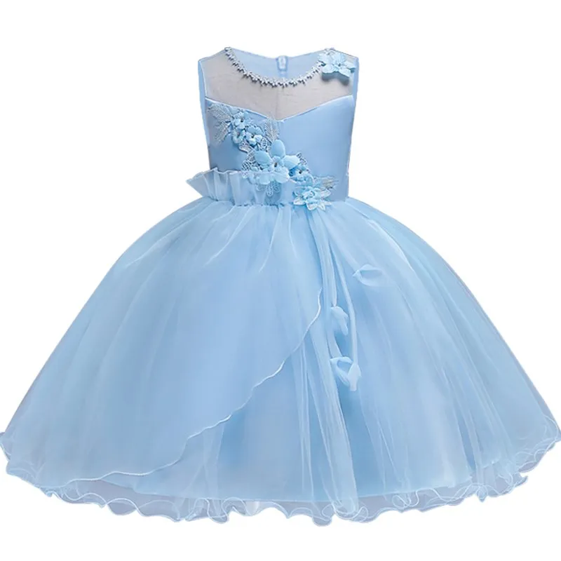 

3-14 year teenager party dress New pearl petals dress for Girls Wedding Flower Girl Dress Kids Princess Sleeveless Mesh Pageant