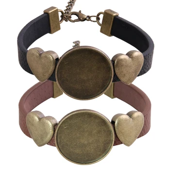 

5pcs fit 25mm Antique Bronz heart Round cabochon bracelet blanks diy PU leather bracelets base settings for jewelry making