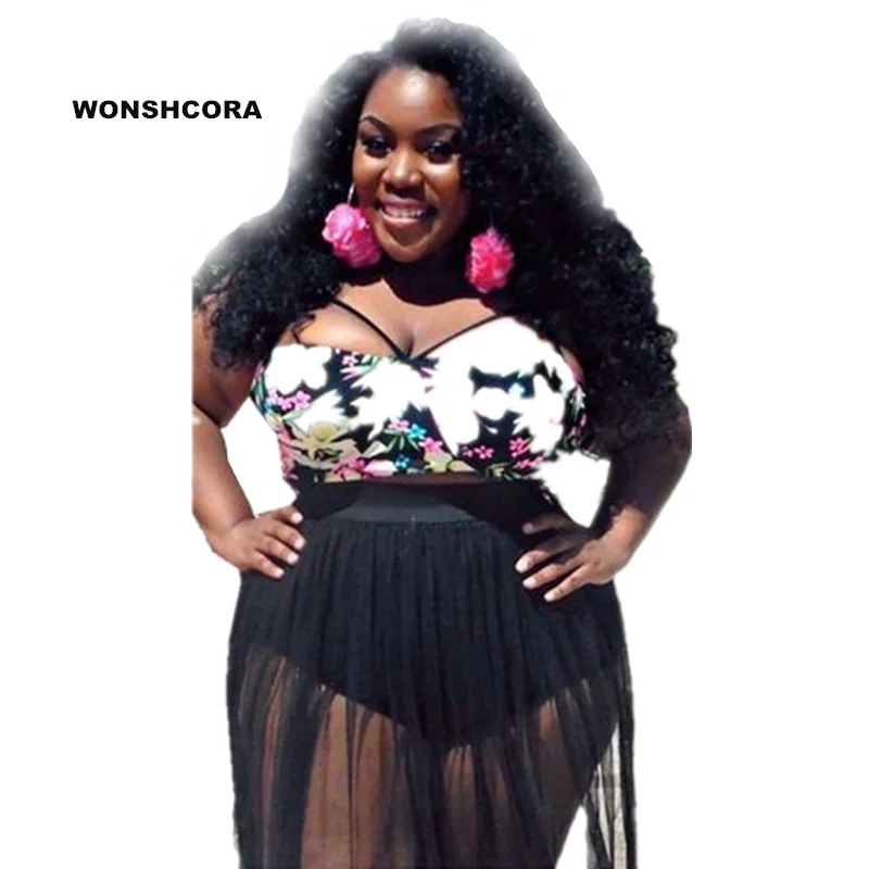 

WONSHCORA 4XL Korea Swimsuits of Large Sizes Floral Bikinis Two Pieces Swimwear Yarn Skirt Beach Women's Swimming Suit Free Ship