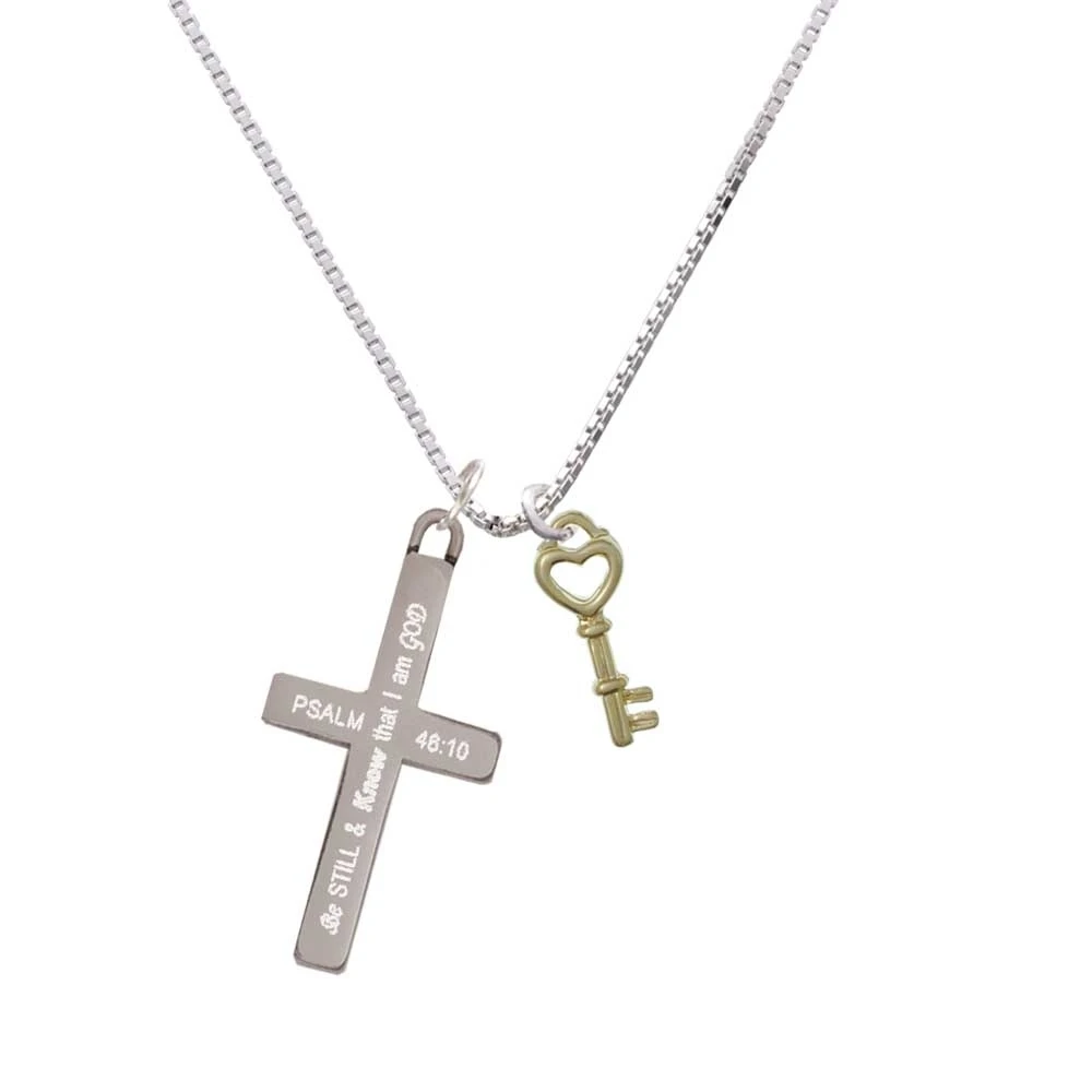 Open Gold Tone Heart Key - Be Still and Know - Cross Necklace
