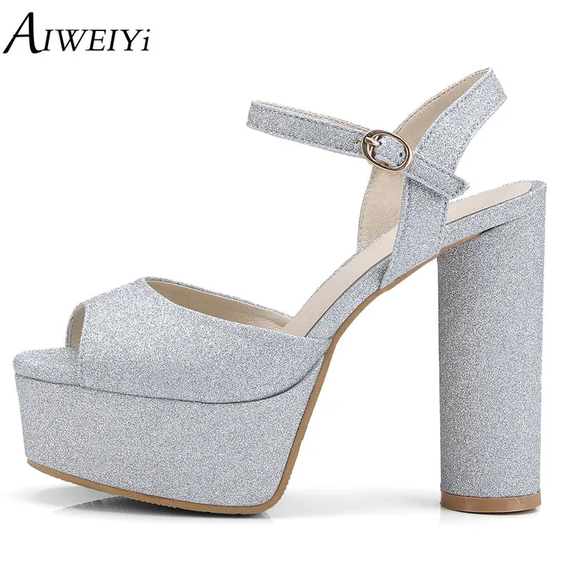 

AIWEIYi Women High Heels Sandals Summer Shoes Round Heel Platform Pumps Glitter Ladies Dress Party Pumps Casual Shoes Woman