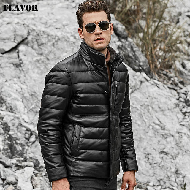 FLAVOR Men’s Lambskin Genuine Leather Down Jacket Men Jacket with Standing Sheep Fur Collar White Duck Down Coat