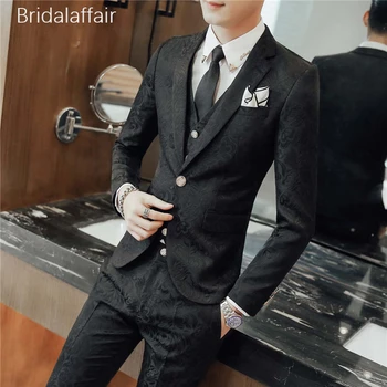

Wonderful Latest Mens Suits Solid Black Jacquard Groom Tuxedos Custom Made Men Suits for Wedding Prom 3Pcs ( Jacket+Pants+Vest)