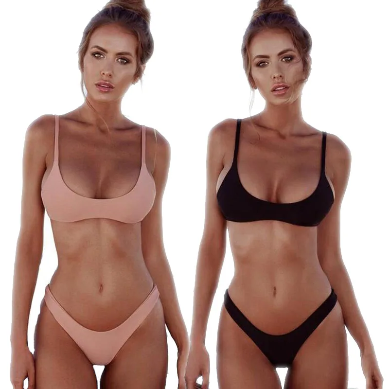 

2019 New Summer Women Solid Bikini Set Push-up UnPadded Bra Swimsuit Triangle Bather Suit Swimming Suit Swimwear Drop Ship