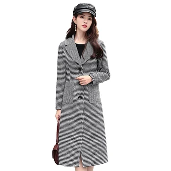 

2018 Autumn Winter Women's Plaid Long Wool Coat European Female Single Breasted Suit Collar Slim Vinatge Woolen Blends Coat F595