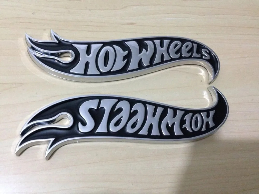 5" Chrome & Black "Hot Wheels" Flames Emblems Pair, Hot Rod, Camaro