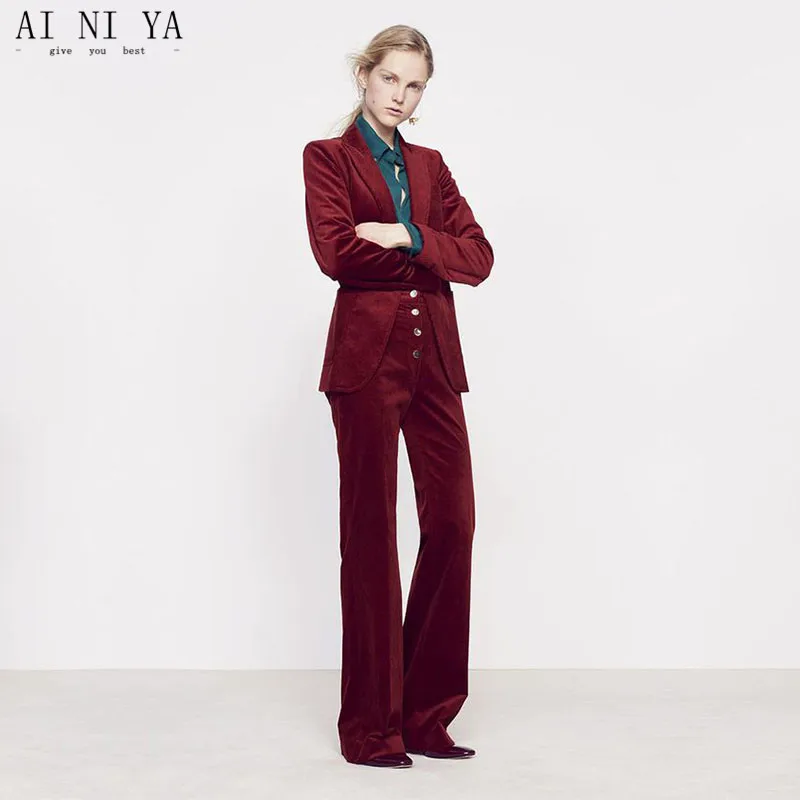 Burgundy Velvet Women Business Suits High Waist Pants