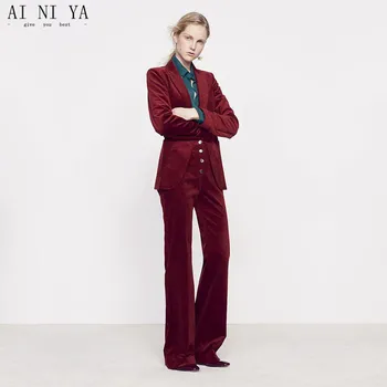 

Burgundy Velvet Women Business Suits High Waist Pants Female Office Uniform Slim Formal Ladies Elegant Pant Suits Custom Made
