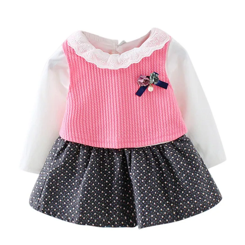 

Hot Sale 2017 Winter Autumn Girls Long Sleeve Dress Cute Knitting and Flowers Baby Girl Dresses Princess Vestidos